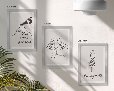 Conjunto de 3 quadros decorativos Momentos alegres com vinho e champanhe em desenho linear