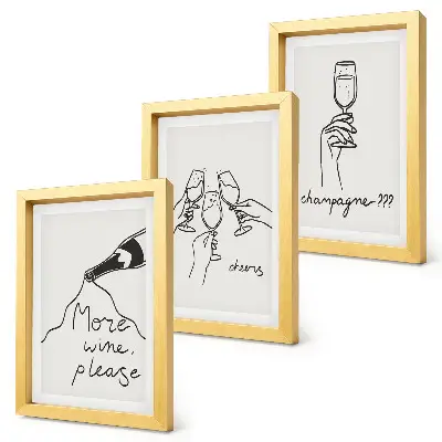 Conjunto de 3 quadros decorativos com ilustrações em desenho linear de vinho e champanhe