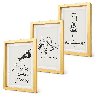 Conjunto de 3 quadros decorativos Momentos alegres com vinho e champanhe em desenho linear