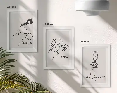 Conjunto de 3 quadros decorativos com ilustrações em desenho linear de vinho e champanhe