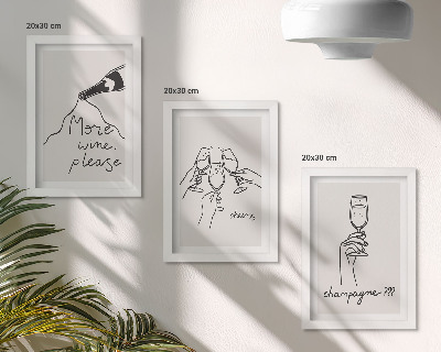 Conjunto de 3 quadros decorativos Momentos alegres com vinho e champanhe em desenho linear