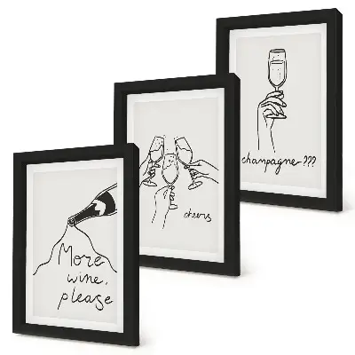 Conjunto de 3 quadros decorativos com ilustrações em desenho linear de vinho e champanhe