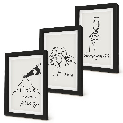 Conjunto de 3 quadros decorativos Momentos alegres com vinho e champanhe em desenho linear