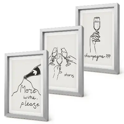 Conjunto de 3 quadros decorativos com ilustrações em desenho linear de vinho e champanhe