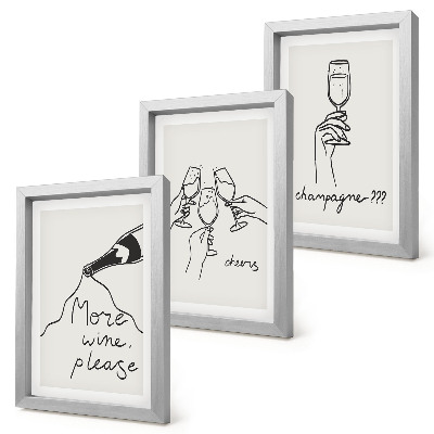 Conjunto de 3 quadros decorativos Momentos alegres com vinho e champanhe em desenho linear