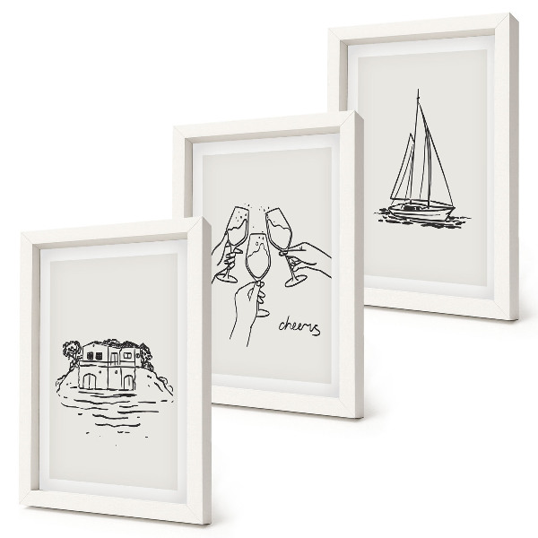 Conjunto de molduras com imagens Vista da casa à beira-mar, brinde com taças, veleiro