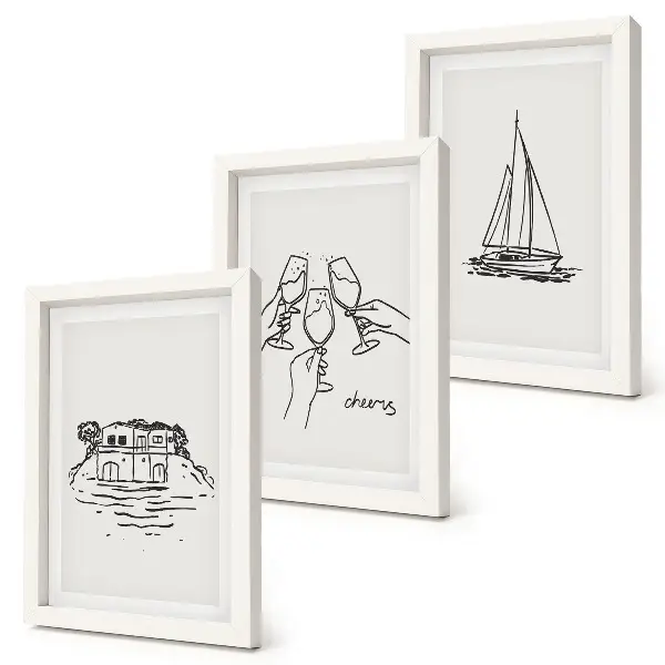 Conjunto de molduras com imagens vista da casa à beira-mar com brinde de taças e veleiro