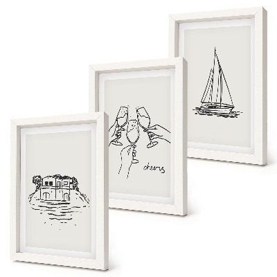 Conjunto de molduras com imagens Vista da casa à beira-mar, brinde com taças, veleiro