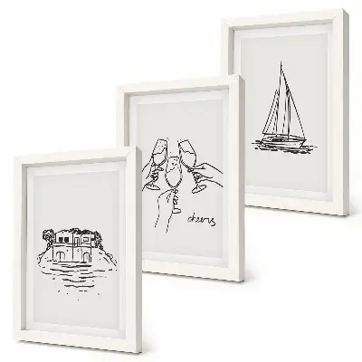 Conjunto de molduras com imagens vista da casa à beira-mar com brinde de taças e veleiro