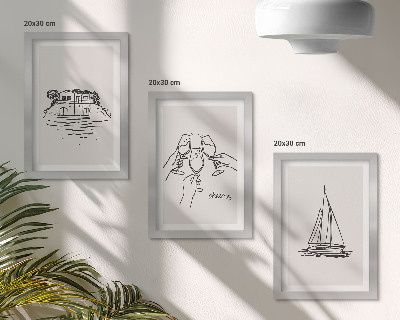 Conjunto de molduras com imagens Vista da casa à beira-mar, brinde com taças, veleiro
