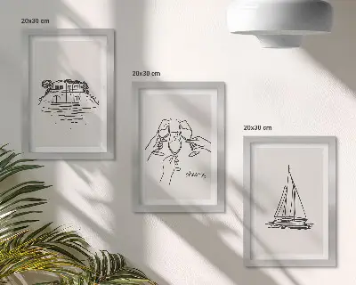 Conjunto de molduras com imagens vista da casa à beira-mar com brinde de taças e veleiro