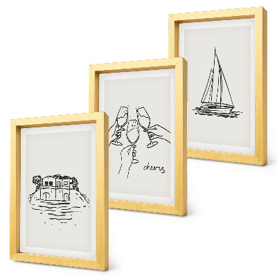 Conjunto de molduras com imagens Vista da casa à beira-mar, brinde com taças, veleiro