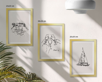 Conjunto de molduras com imagens Vista da casa à beira-mar, brinde com taças, veleiro