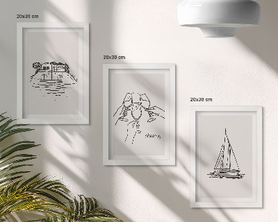 Conjunto de molduras com imagens Vista da casa à beira-mar, brinde com taças, veleiro