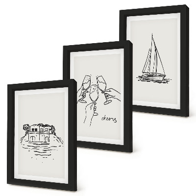 Conjunto de molduras com imagens Vista da casa à beira-mar, brinde com taças, veleiro