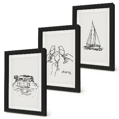 Conjunto de molduras com imagens vista da casa à beira-mar com brinde de taças e veleiro
