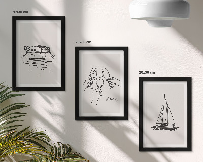 Conjunto de molduras com imagens Vista da casa à beira-mar, brinde com taças, veleiro