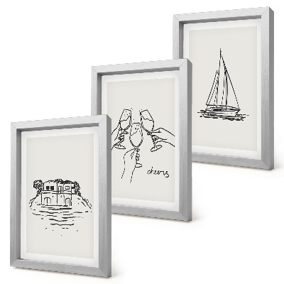 Conjunto de molduras com imagens Vista da casa à beira-mar, brinde com taças, veleiro