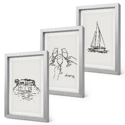 Conjunto de molduras com imagens vista da casa à beira-mar com brinde de taças e veleiro