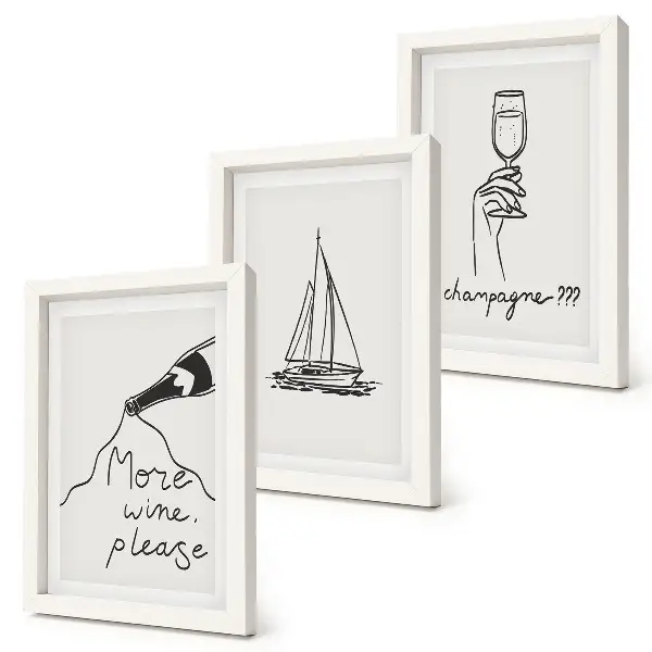 Tríptico com moldura taça de champanhe com desenho linear de veleiro para vinho