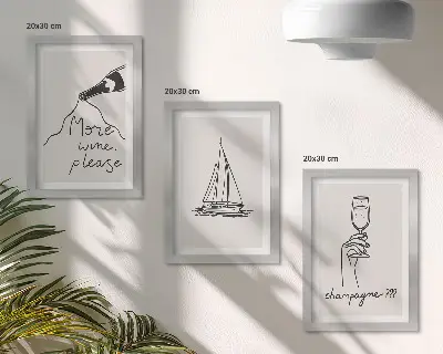 Tríptico com moldura taça de champanhe com desenho linear de veleiro para vinho