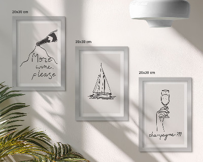 Tríptico com moldura Taça de champanhe em estilo linear com veleiro para vinho