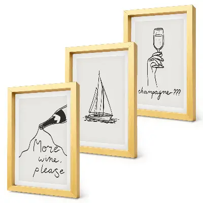 Tríptico com moldura taça de champanhe com desenho linear de veleiro para vinho