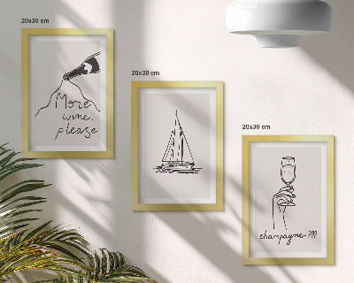 Tríptico com moldura Taça de champanhe em estilo linear com veleiro para vinho