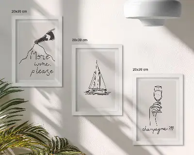 Tríptico com moldura taça de champanhe com desenho linear de veleiro para vinho