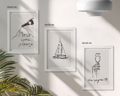 Tríptico com moldura Taça de champanhe em estilo linear com veleiro para vinho