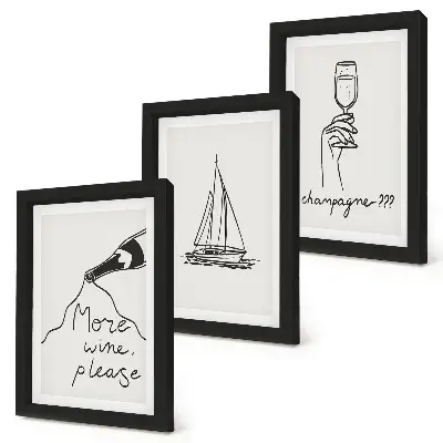 Tríptico com moldura taça de champanhe com desenho linear de veleiro para vinho