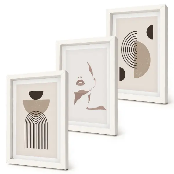 Conjunto de 3 quadros decorativos com formas geométricas abstratas e silhueta facial