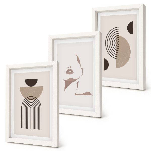 Conjunto de 3 quadros decorativos Formas geométricas abstratas e silhueta facial
