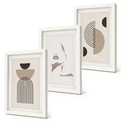 Conjunto de 3 quadros decorativos com formas geométricas abstratas e silhueta facial