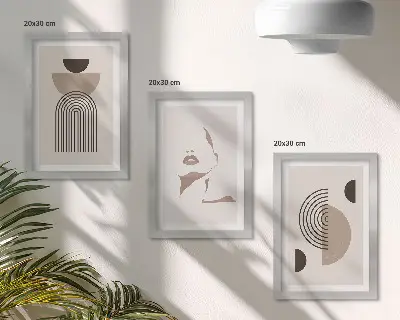 Conjunto de 3 quadros decorativos com formas geométricas abstratas e silhueta facial