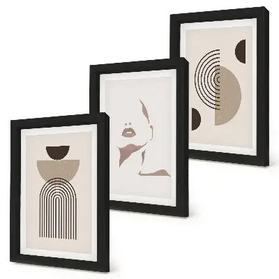 Conjunto de 3 quadros decorativos com formas geométricas abstratas e silhueta facial