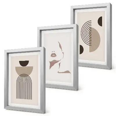 Conjunto de 3 quadros decorativos com formas geométricas abstratas e silhueta facial