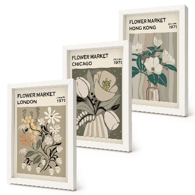 Conjunto de 3 quadros decorativos Mercados de flores em Londres, Chicago e Hong Kong