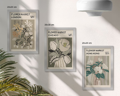 Conjunto de 3 quadros decorativos Mercados de flores em Londres, Chicago e Hong Kong