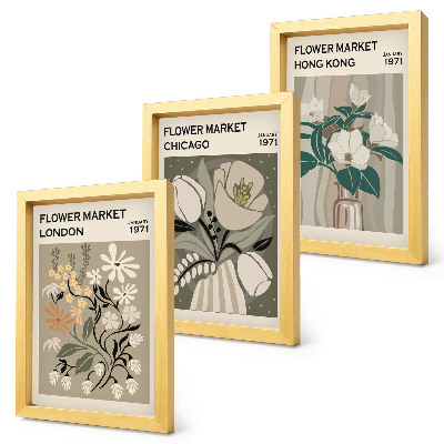 Conjunto de 3 quadros decorativos Mercados de flores em Londres, Chicago e Hong Kong