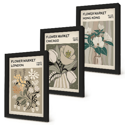 Conjunto de 3 quadros decorativos Mercados de flores em Londres, Chicago e Hong Kong