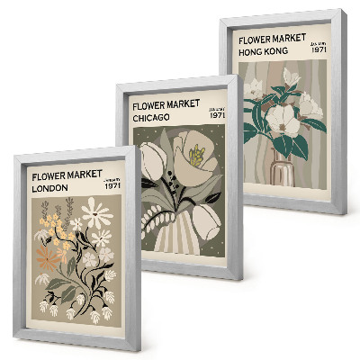 Conjunto de 3 quadros decorativos Mercados de flores em Londres, Chicago e Hong Kong