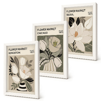 Conjunto de molduras com imagens Flores dos mercados de Kingston, Chicago e Seul em estilo retrô.