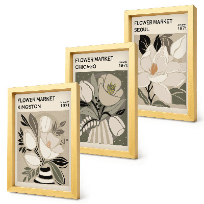 Conjunto de molduras com imagens Flores dos mercados de Kingston, Chicago e Seul em estilo retrô.