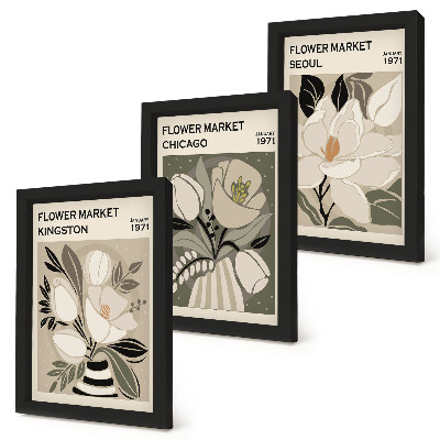 Conjunto de molduras com imagens Flores dos mercados de Kingston, Chicago e Seul em estilo retrô.