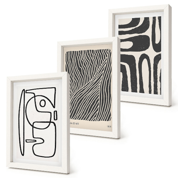 Tríptico com moldura Padrões abstratos com linhas e texturas sobre um fundo claro.