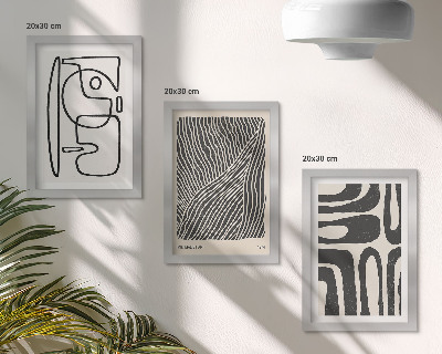 Tríptico com moldura Padrões abstratos com linhas e texturas sobre um fundo claro.