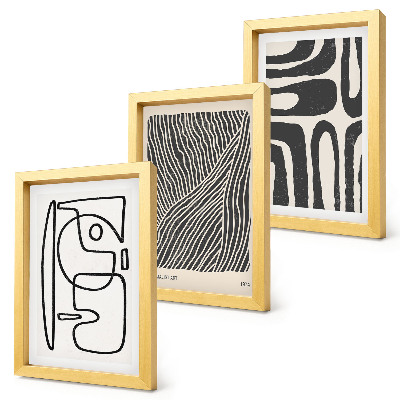 Tríptico com moldura Padrões abstratos com linhas e texturas sobre um fundo claro.