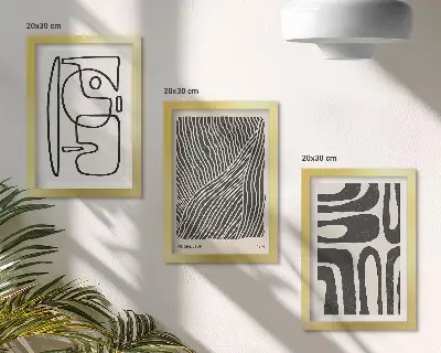Tríptico com moldura padrões abstratos com linhas e texturas sobre fundo claro