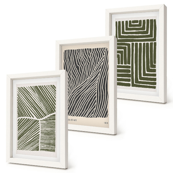 Conjunto de 3 quadros decorativos Padrões de linhas e formas em tons de verde.